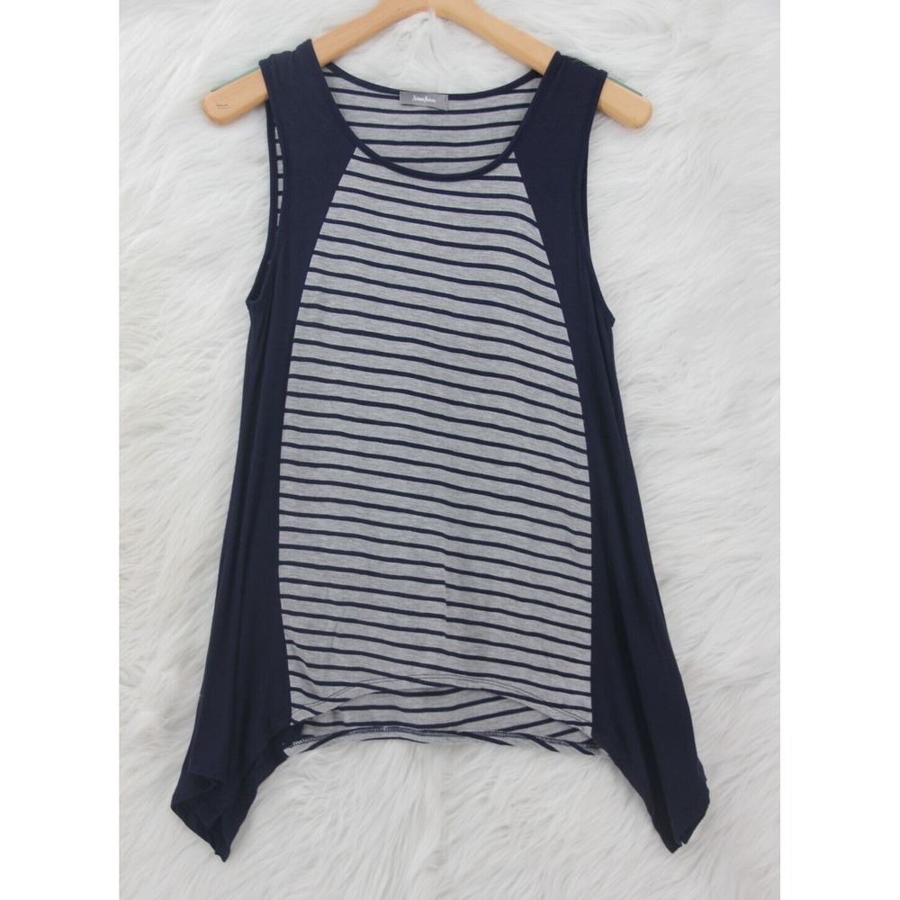 Neiman Marcus Women's Sleeveless Navy Blue Gray Stripe Tunic Top Rayon Sz S #529